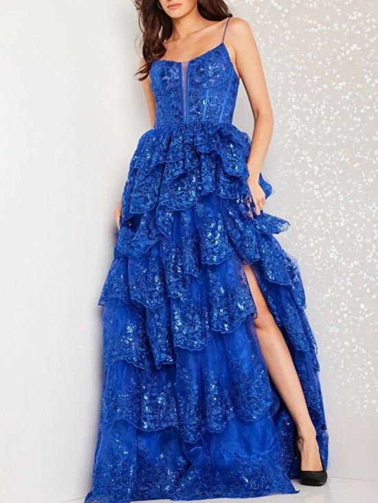 Jovani Dresses & Skirts - FLAWED Jovani Blue Prom Dress Sequin Corset High Slit Formal Pageant Gown, Sz 2